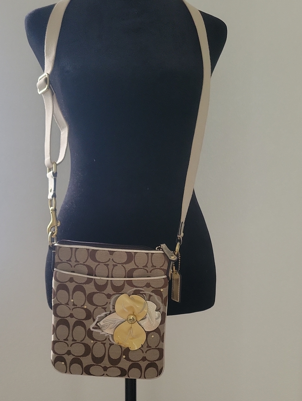 Coach Signature Crossbody Bag with Yellow Flower Accent